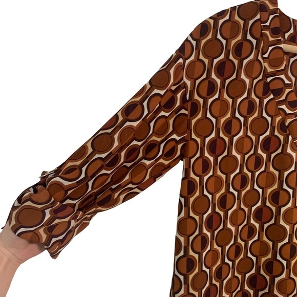 Worthington brown circle print v neck roll tab sleeve chiffon blouse size S - Picture 3 of 8